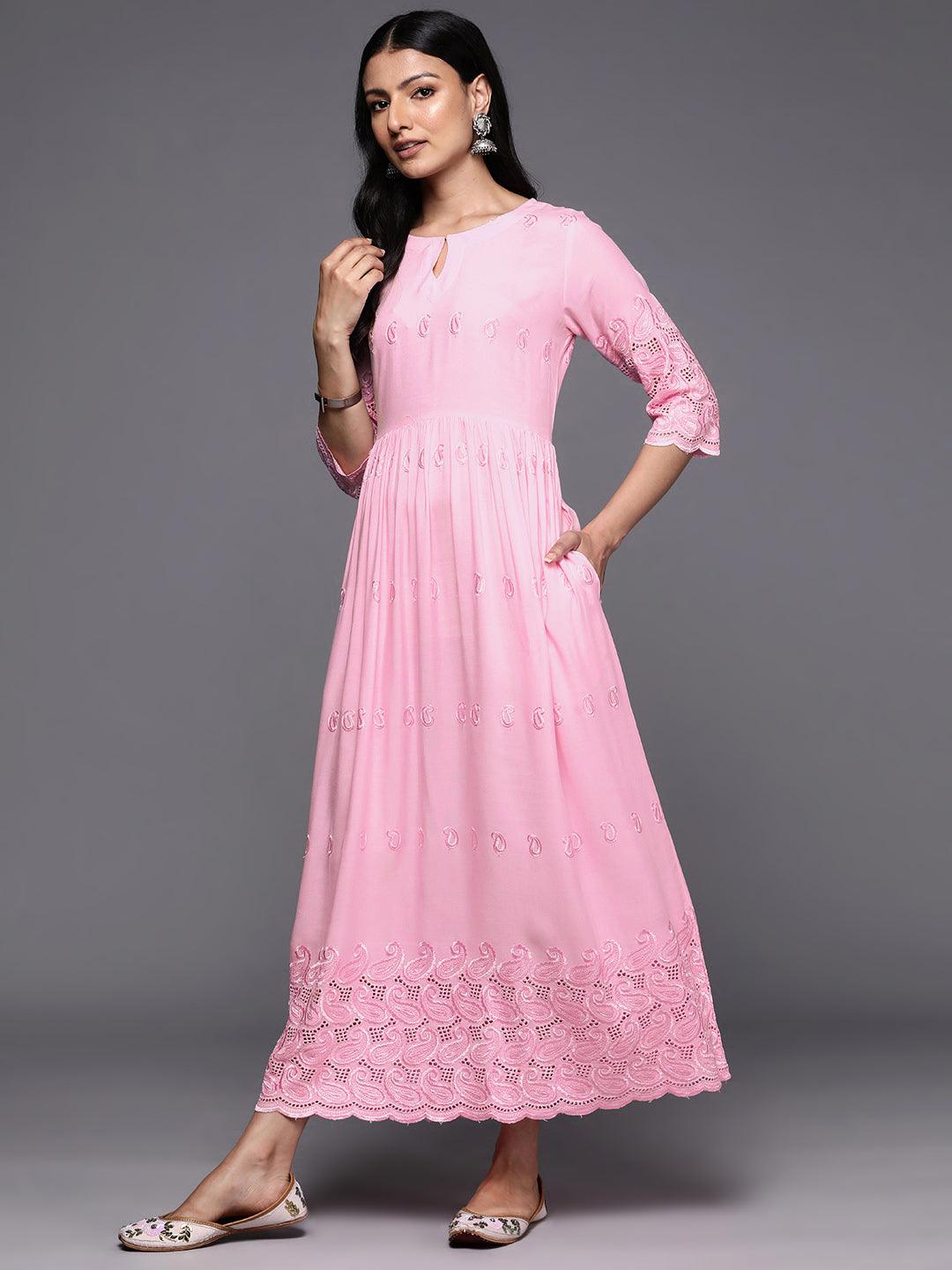 Pink Embroidered Rayon Fit and Flare Dress - Libas