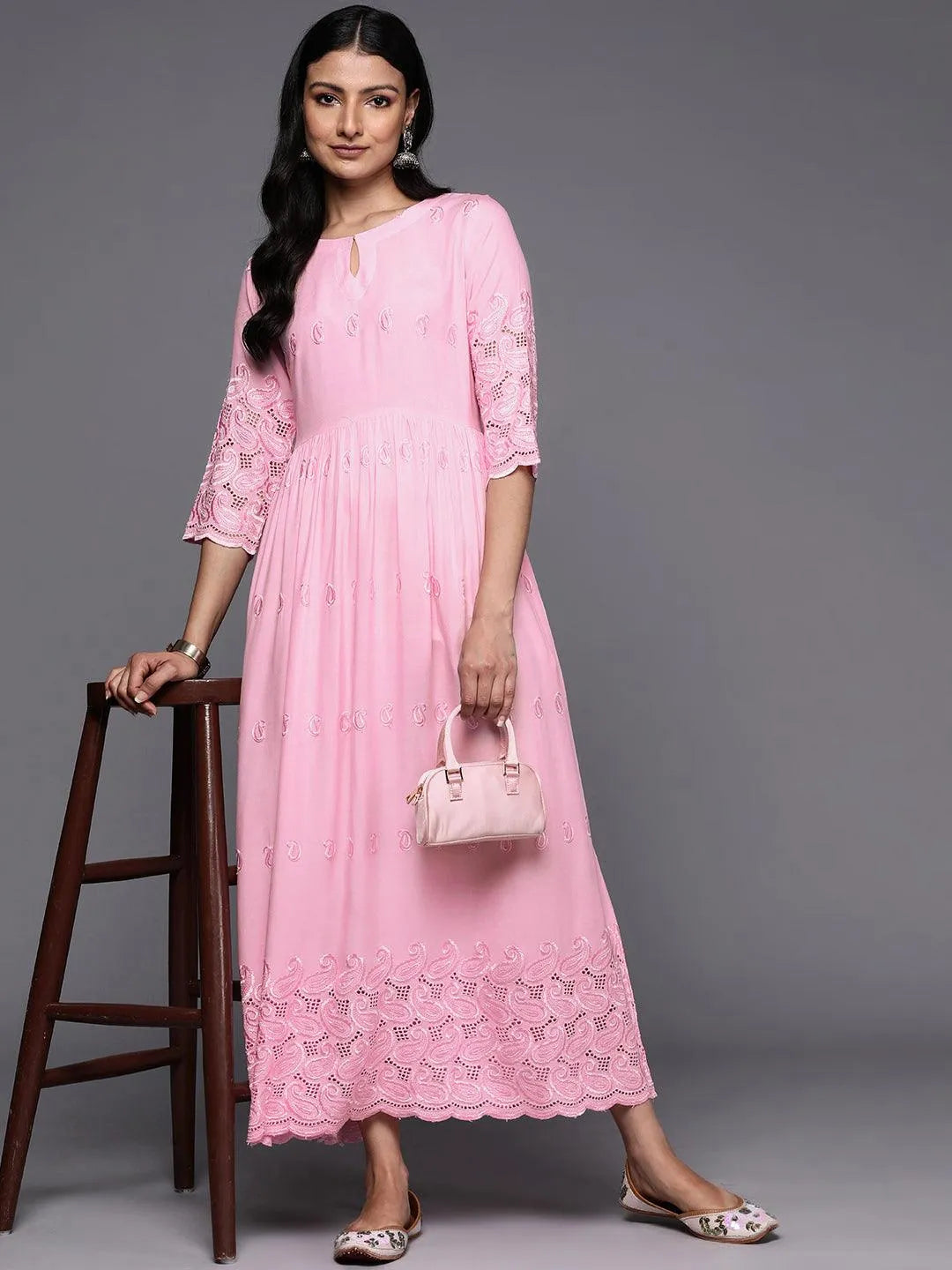 Pink Embroidered Rayon Fit and Flare Dress - Libas 