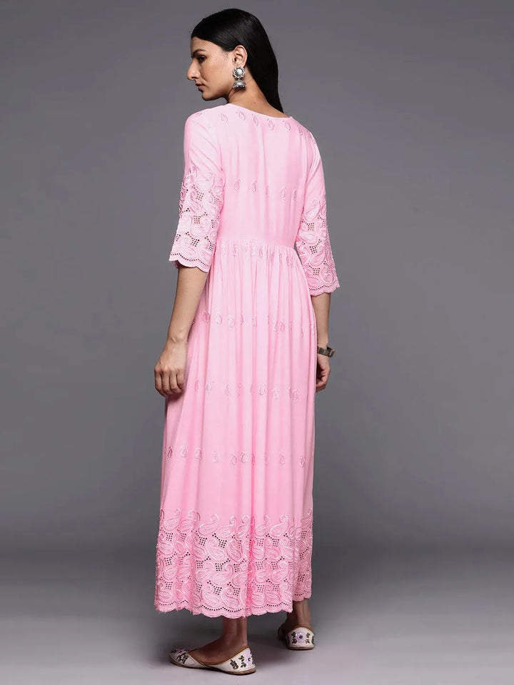 Pink Embroidered Rayon Fit and Flare Dress - Libas