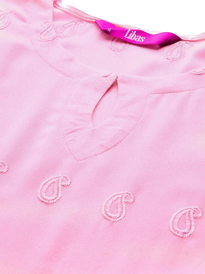 Pink Embroidered Rayon Fit and Flare Dress - Libas