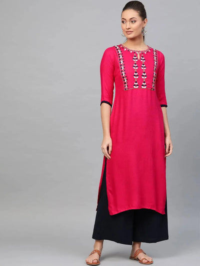 Pink Embroidered Rayon Kurta - Libas