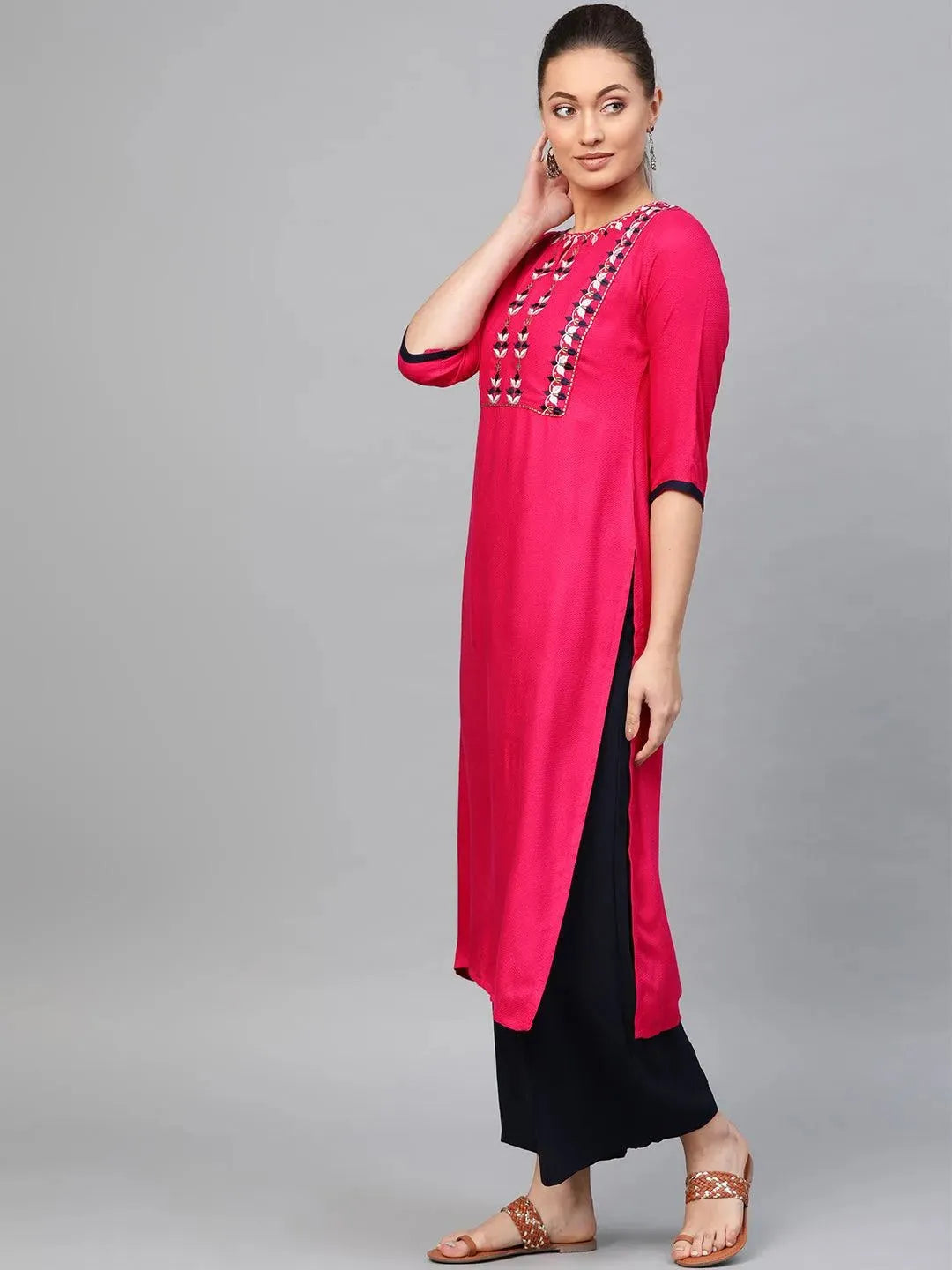 Pink Embroidered Rayon Kurta - Libas