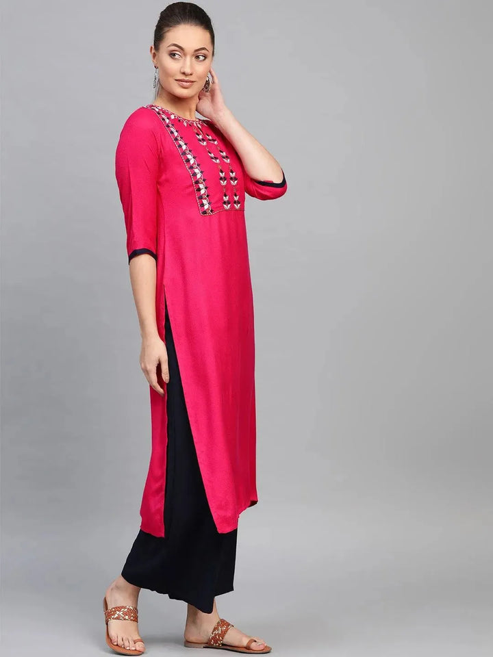 Pink Embroidered Rayon Kurta - Libas