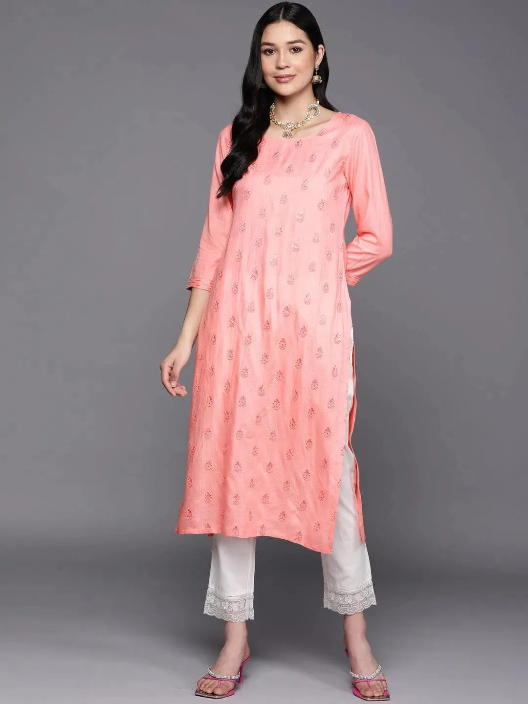 Pink Embroidered Rayon Straight Kurta - Libas