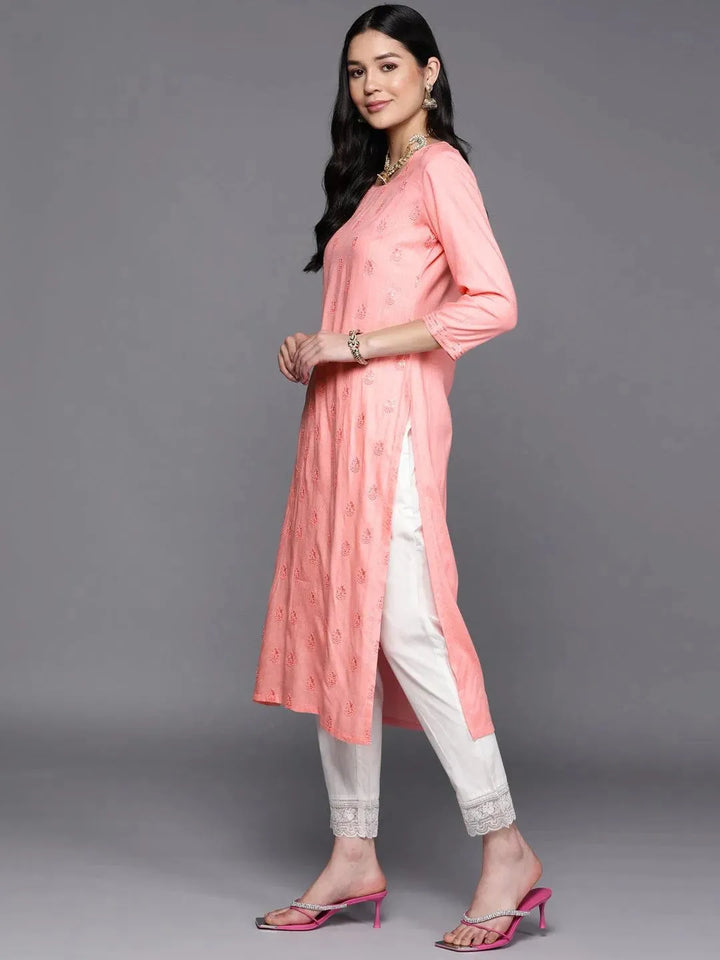 Pink Embroidered Rayon Straight Kurta - Libas