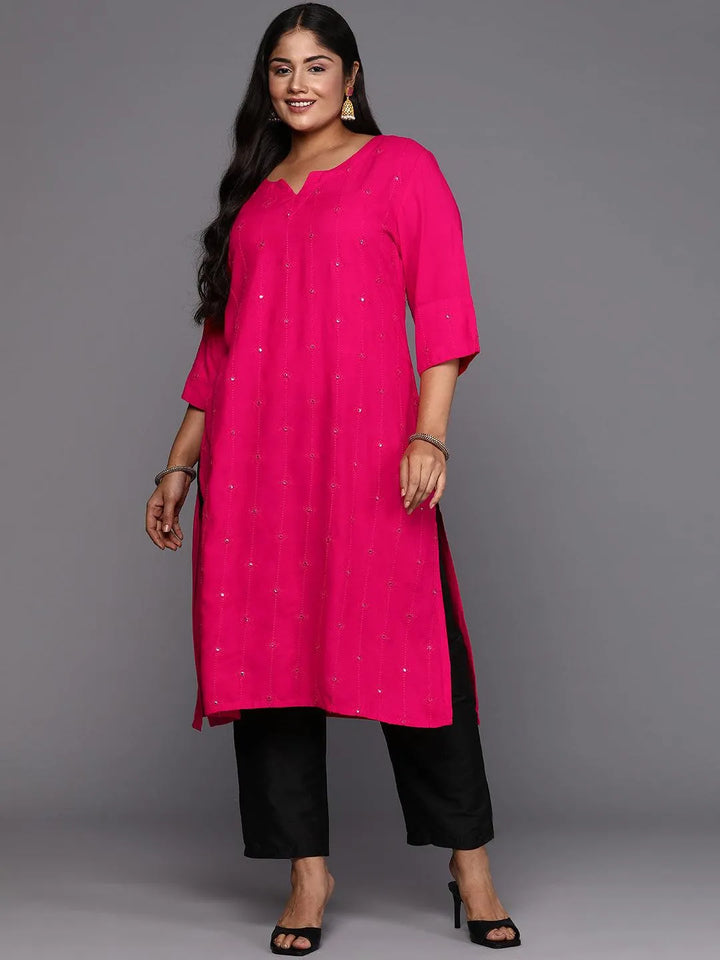 Pink Embroidered Rayon Straight Kurta - Libas