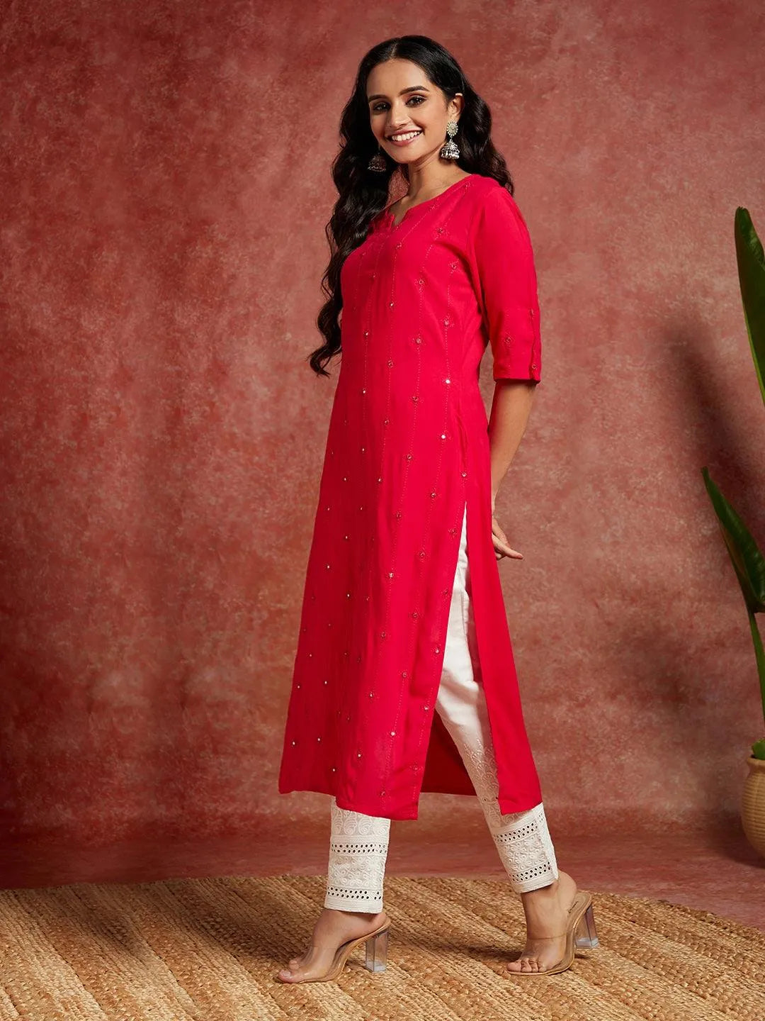 Pink Embroidered Rayon Straight Kurta - Libas 