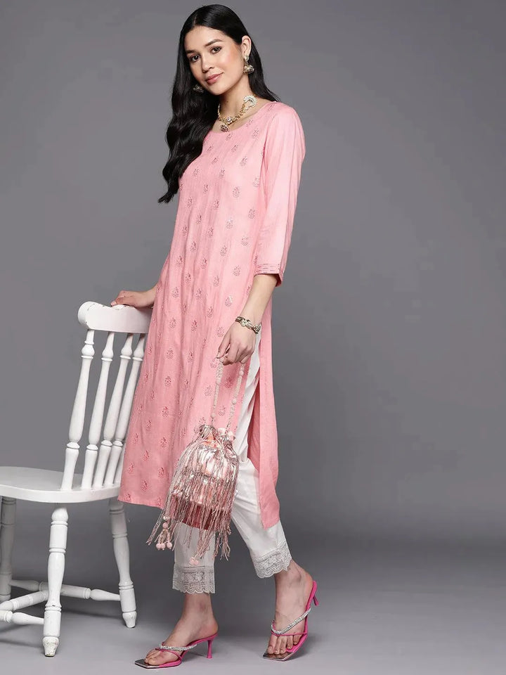 Pink Embroidered Rayon Straight Kurta - Libas