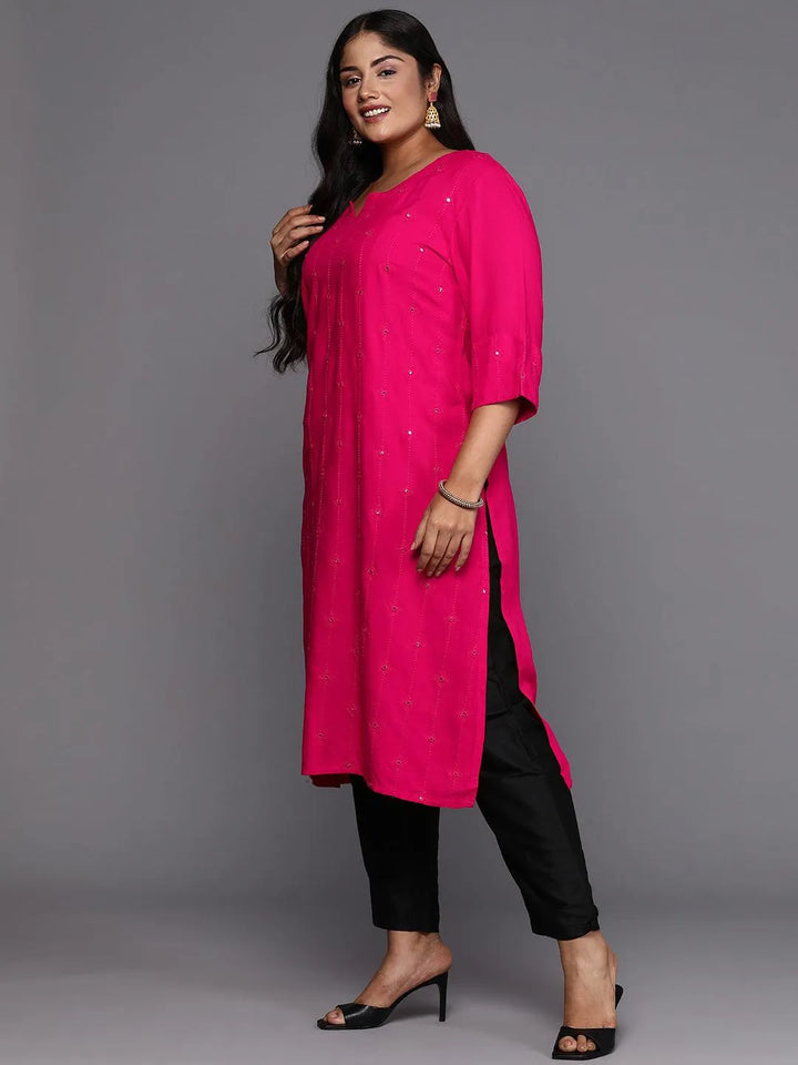 Pink Embroidered Rayon Straight Kurta - Libas