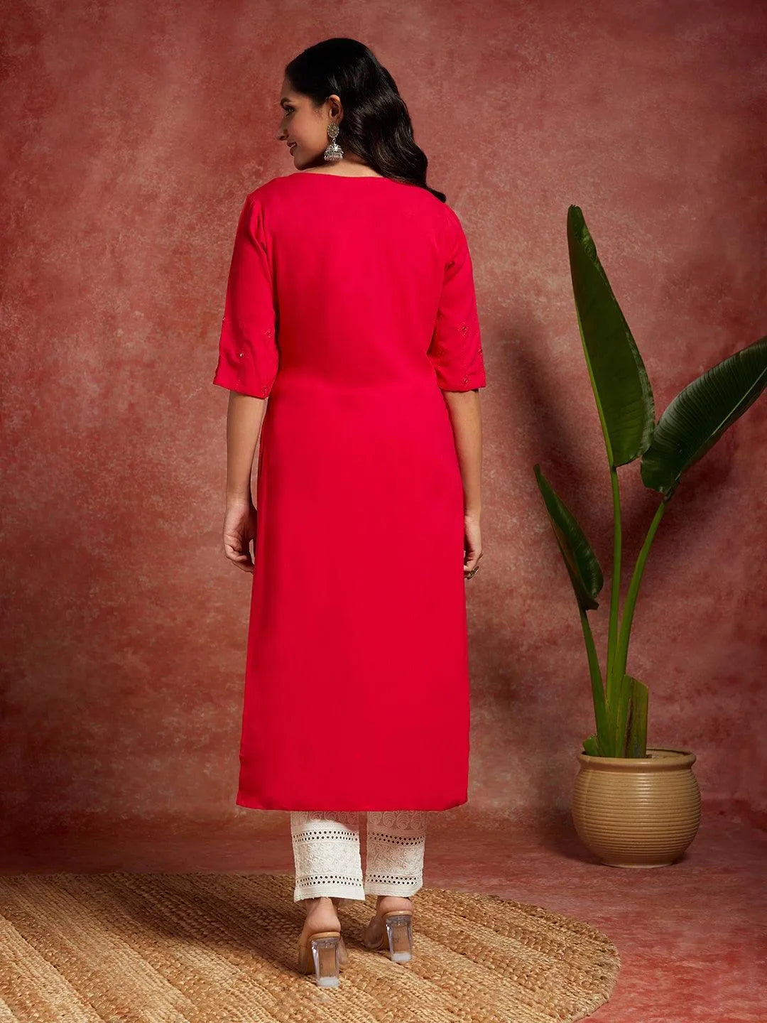 Pink Embroidered Rayon Straight Kurta - Libas 
