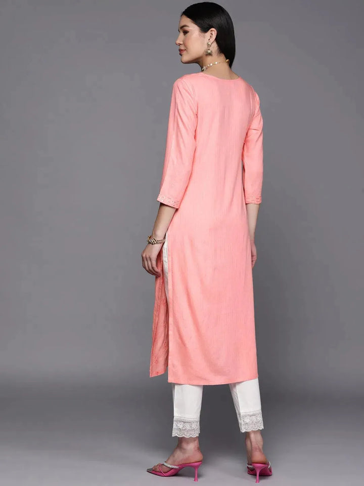 Pink Embroidered Rayon Straight Kurta - Libas