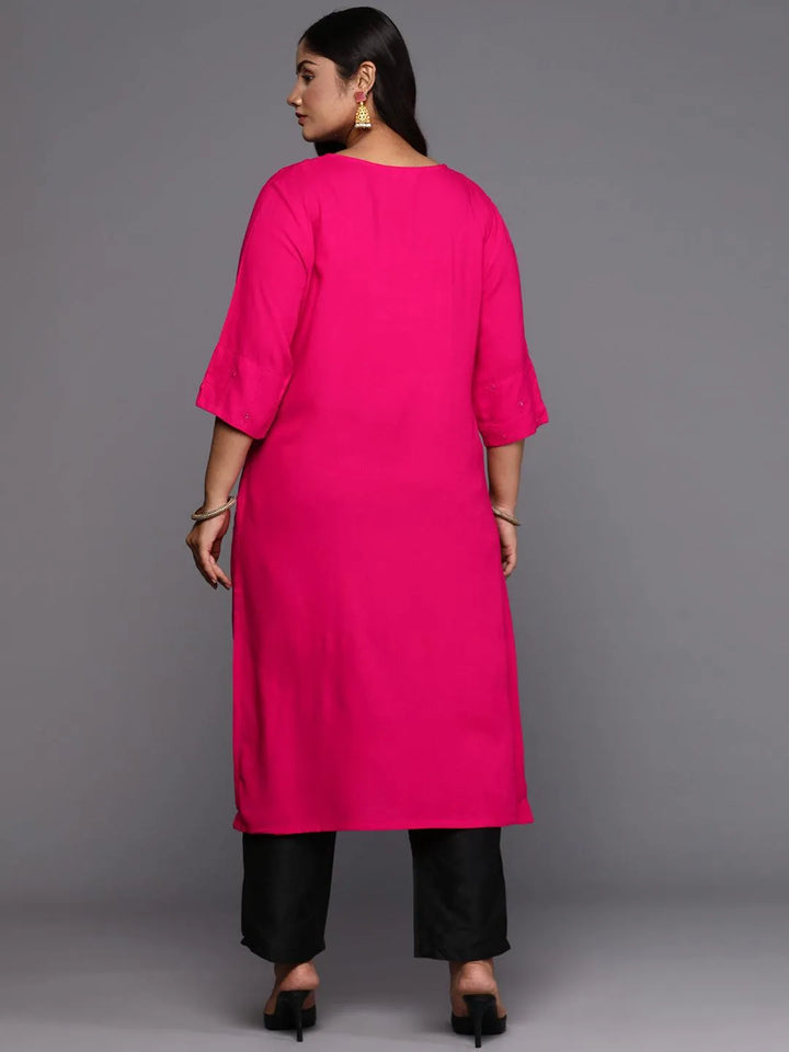 Pink Embroidered Rayon Straight Kurta - Libas