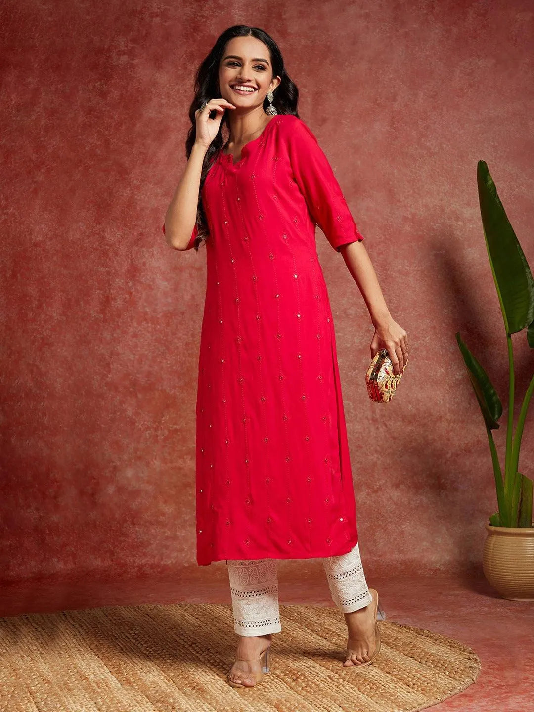 Pink Embroidered Rayon Straight Kurta - Libas 