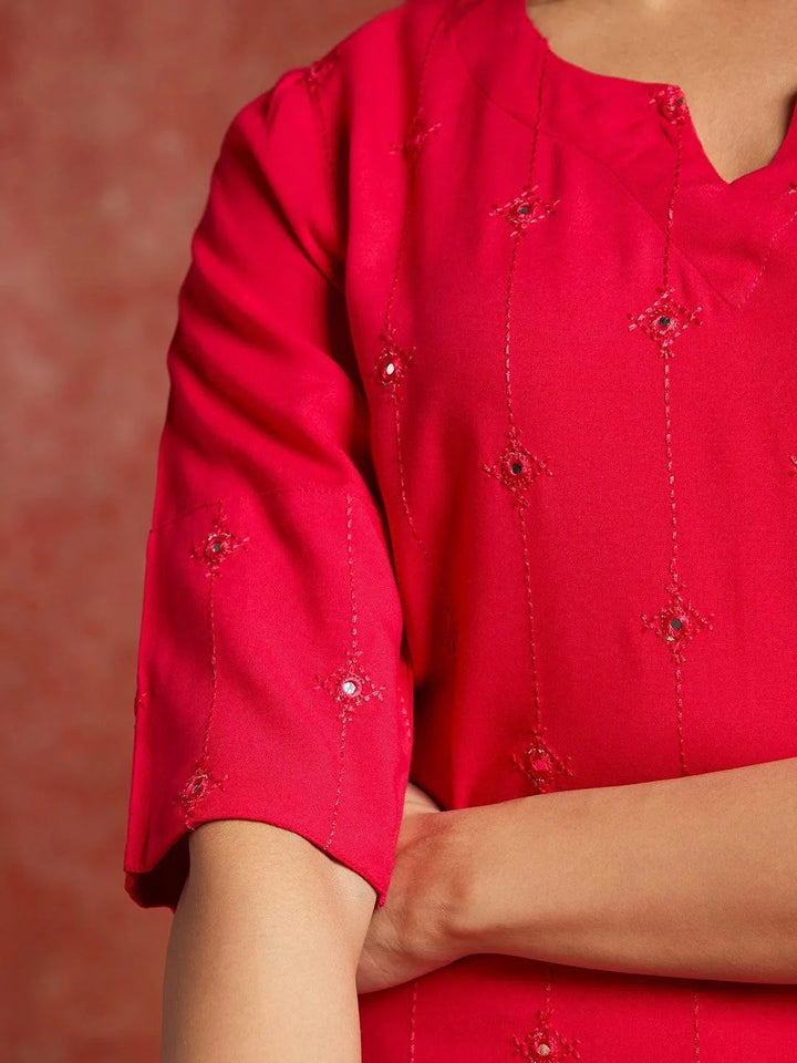 Pink Embroidered Rayon Straight Kurta - Libas