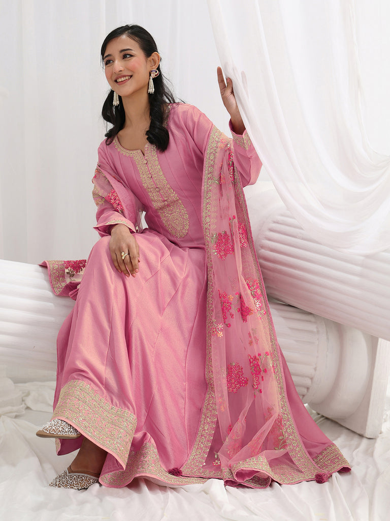 Libas Pink Embroidered Silk A-Line Gown With Dupatta