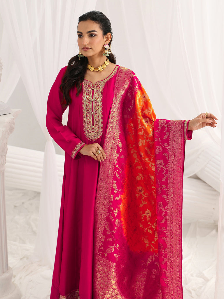 Libas Pink Embroidered Silk A-Line Gown With Dupatta