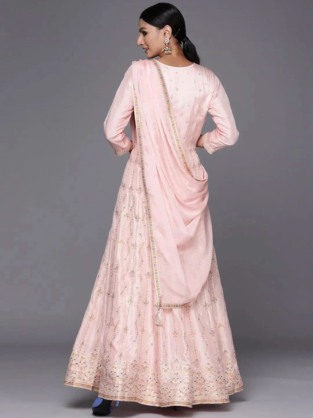 

Pink Embroidered Silk Anarkali Kurta With Churidar & Dupatta