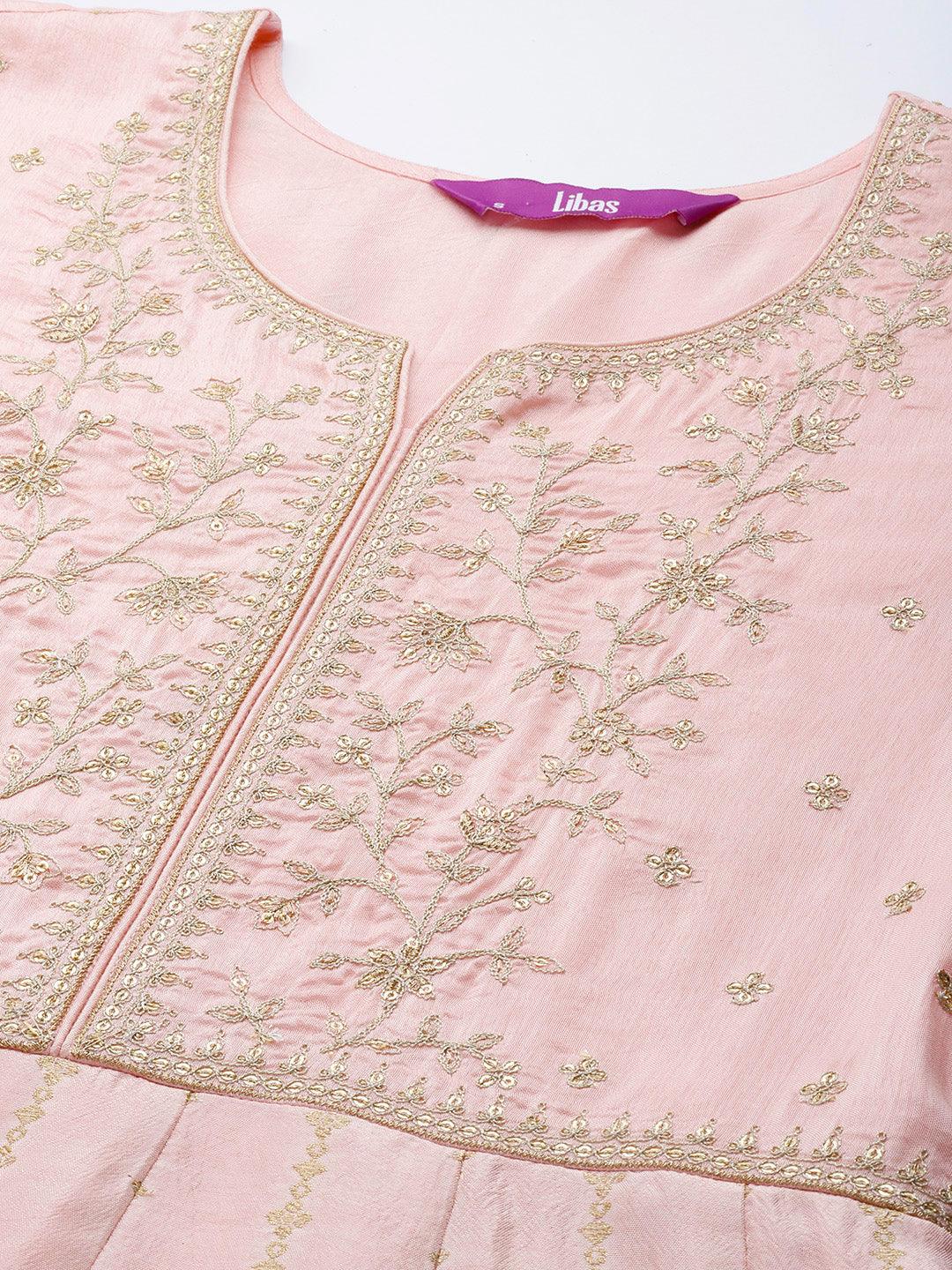 Pink Embroidered Silk Anarkali Kurta With Churidar & Dupatta