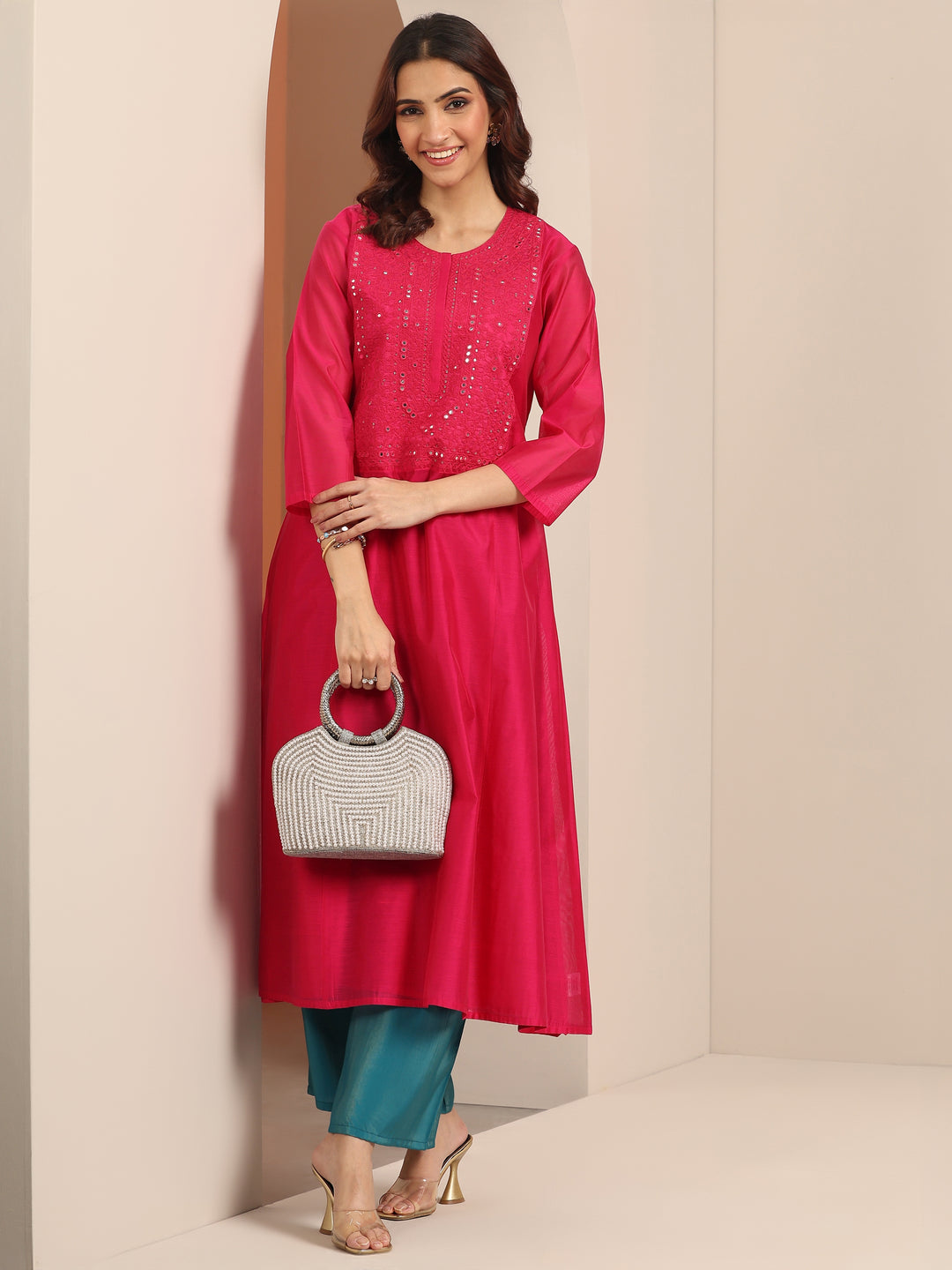 Pink Embroidered Silk Blend A-Line Kurta