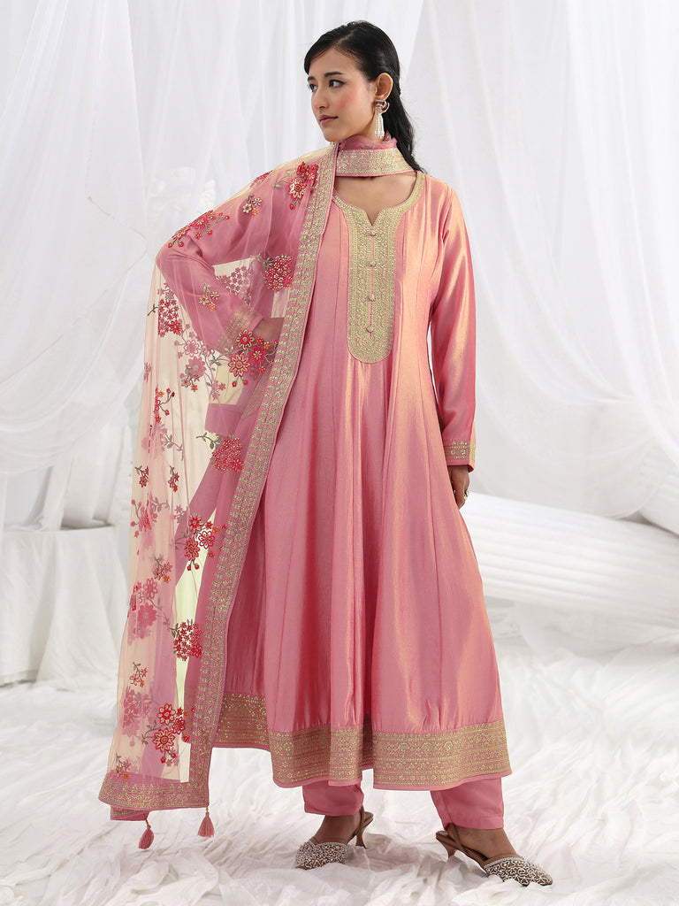Libas Pink Embroidered Silk Blend A-Line Suit Set With Dupatta