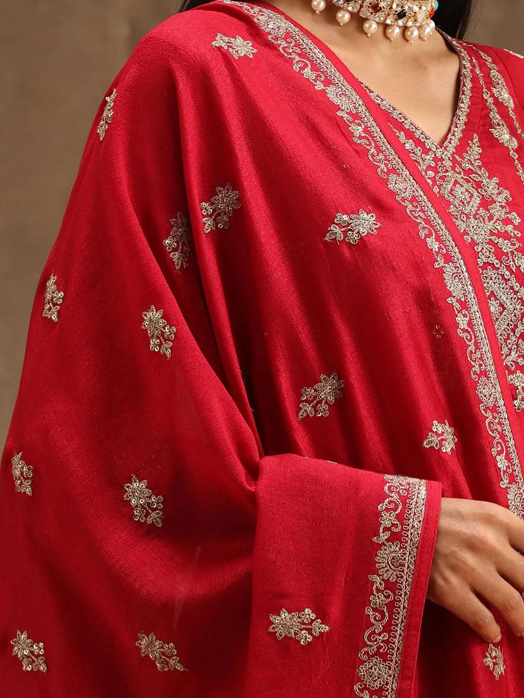 

Pink Embroidered Silk Blend Anarkali Kurta With Trousers & Dupatta