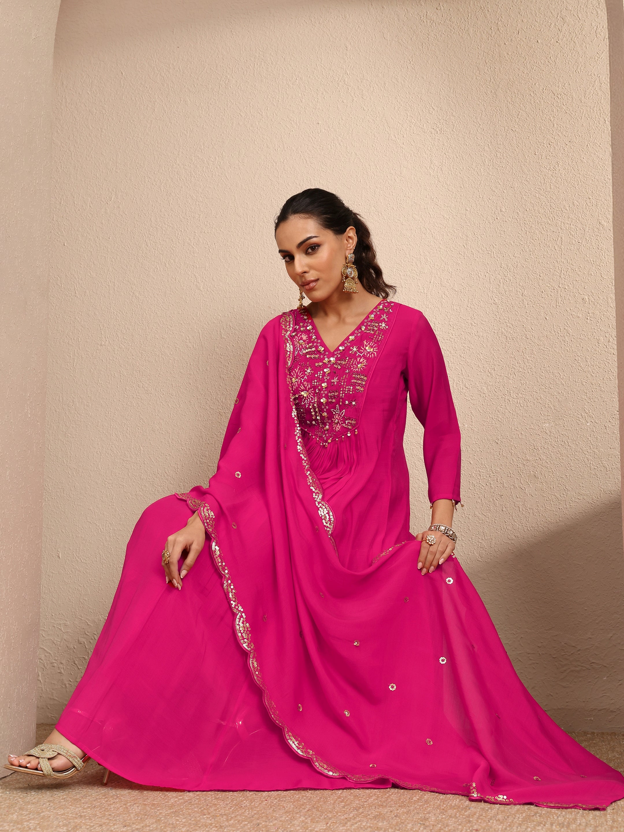 Pink Embroidered Silk blend Anarkali Suit Set With Dupatta-image-47