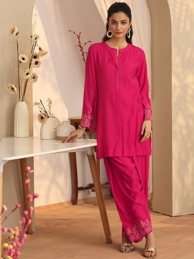 Libas Pink Embroidered Silk Blend Co-Ord Sets