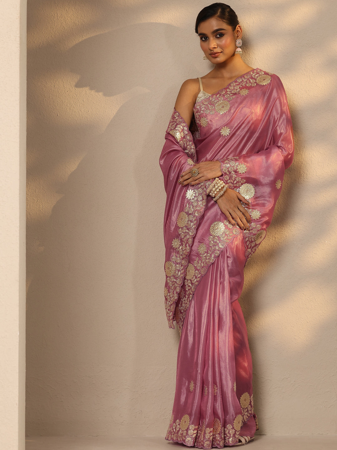  Pink Embroidered Silk Blend Saree With Unstitched Blouse Piece 