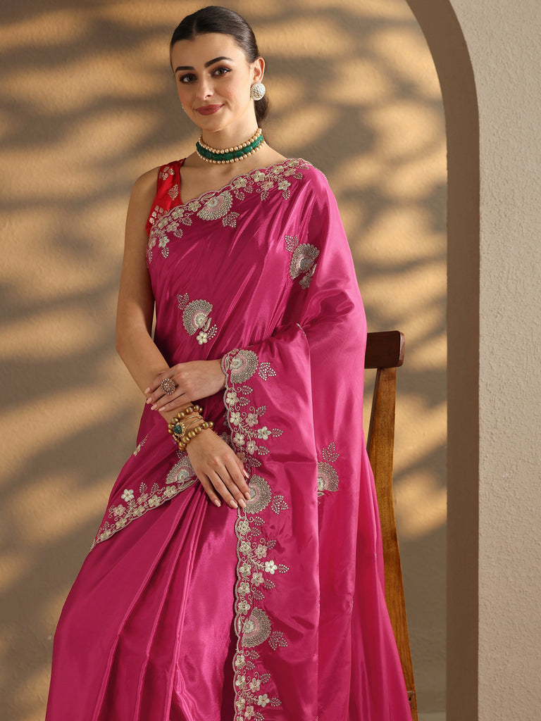 Libas Pink Embroidered Silk Blend Saree With Unstitched Blouse Piece