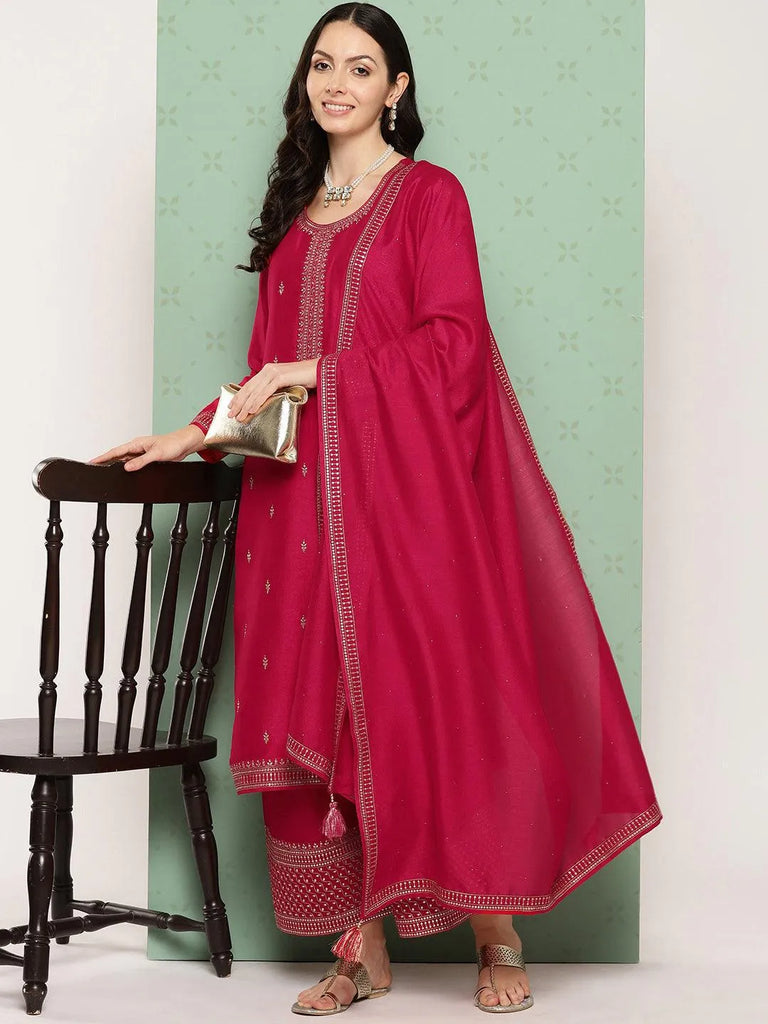Libas Pink Embroidered Silk Blend Straight Suit With Dupatta