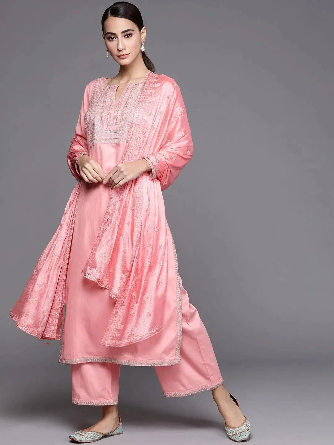 Pink Embroidered Silk Blend Suit Set - Libas