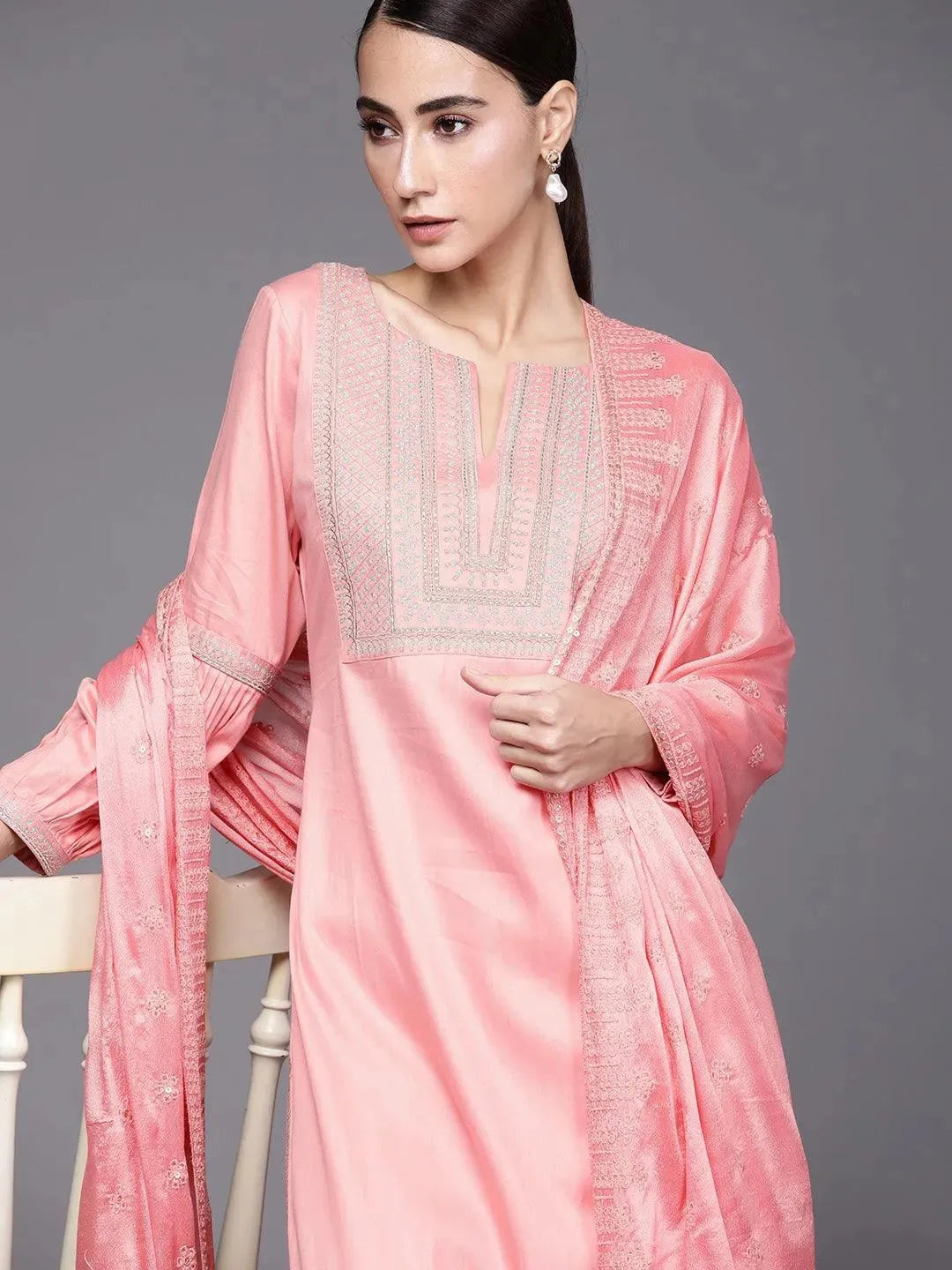 Pink Embroidered Silk Blend Suit Set - Libas 