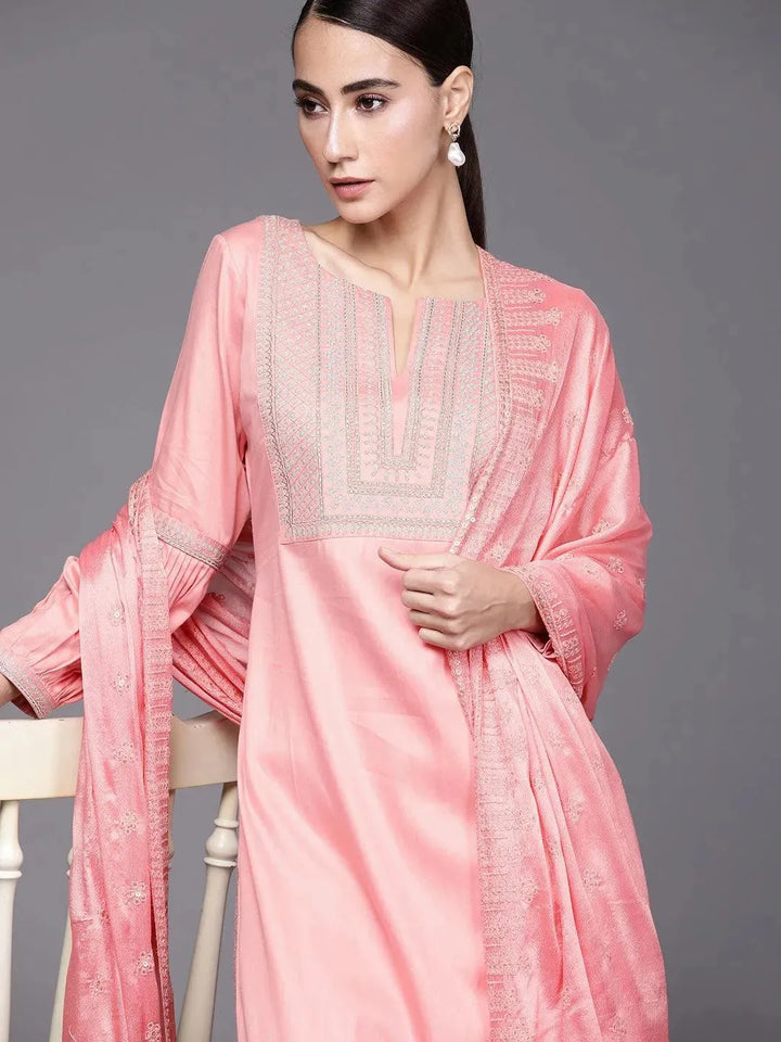 Pink Embroidered Silk Blend Suit Set - Libas