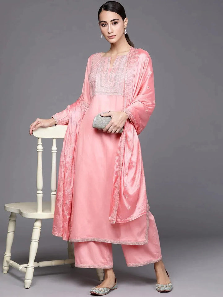 Pink Embroidered Silk Blend Suit Set - Libas