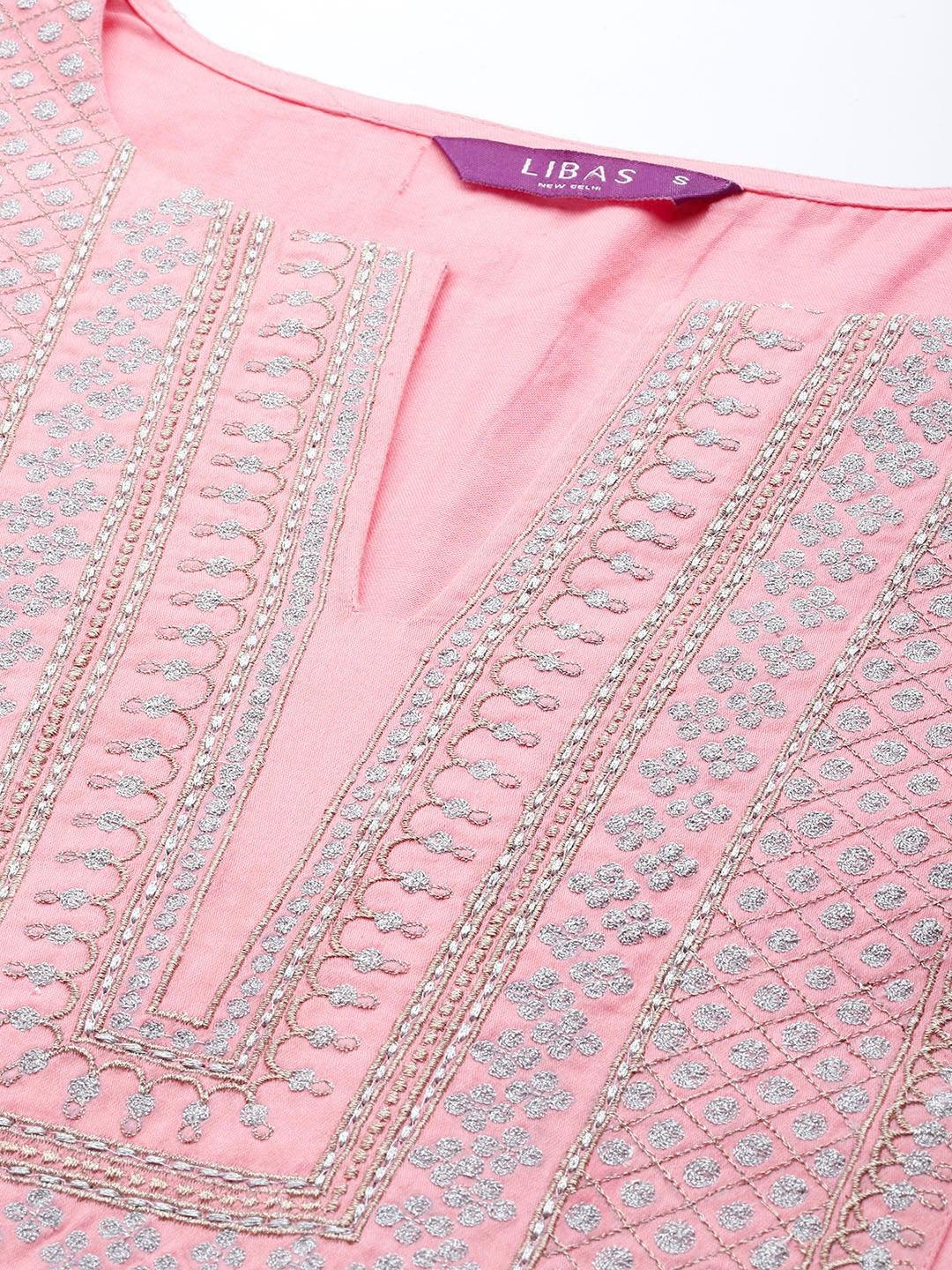 Pink Embroidered Silk Blend Suit Set - Libas