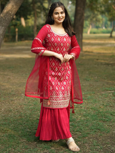 Pink Embroidered Silk Blend Straight Kurta With Sharara & Dupatta - Libas