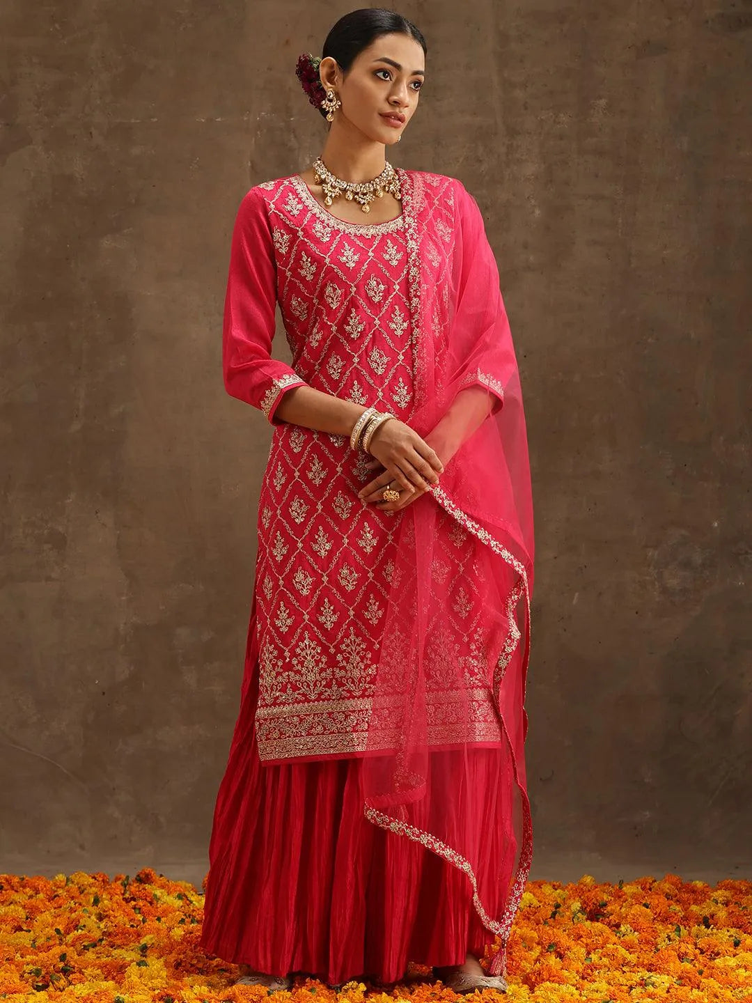 Pink Embroidered Silk Blend Straight Suit Set With Sharara - Libas