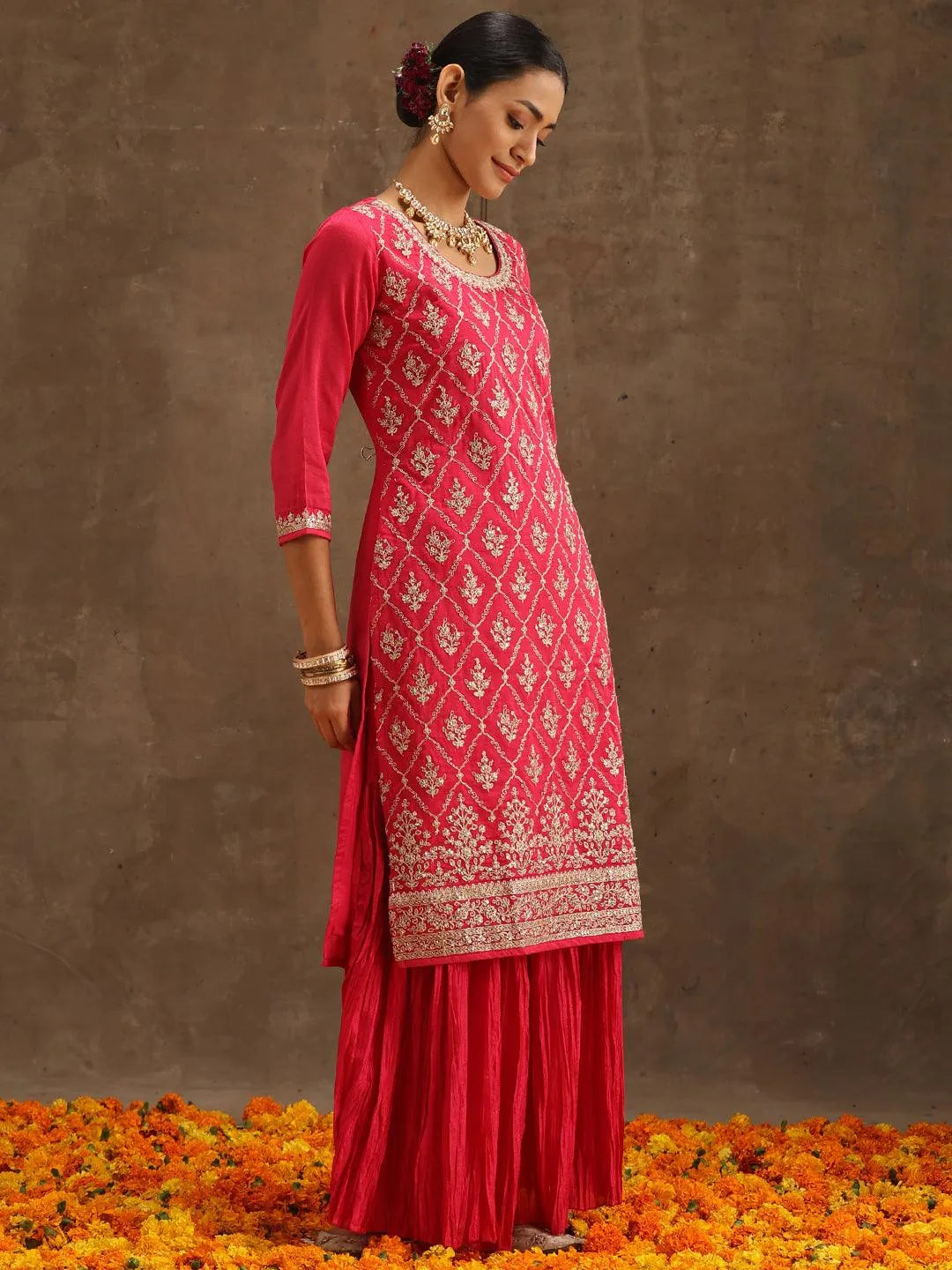 Pink Embroidered Silk Blend Straight Suit Set With Sharara - Libas 