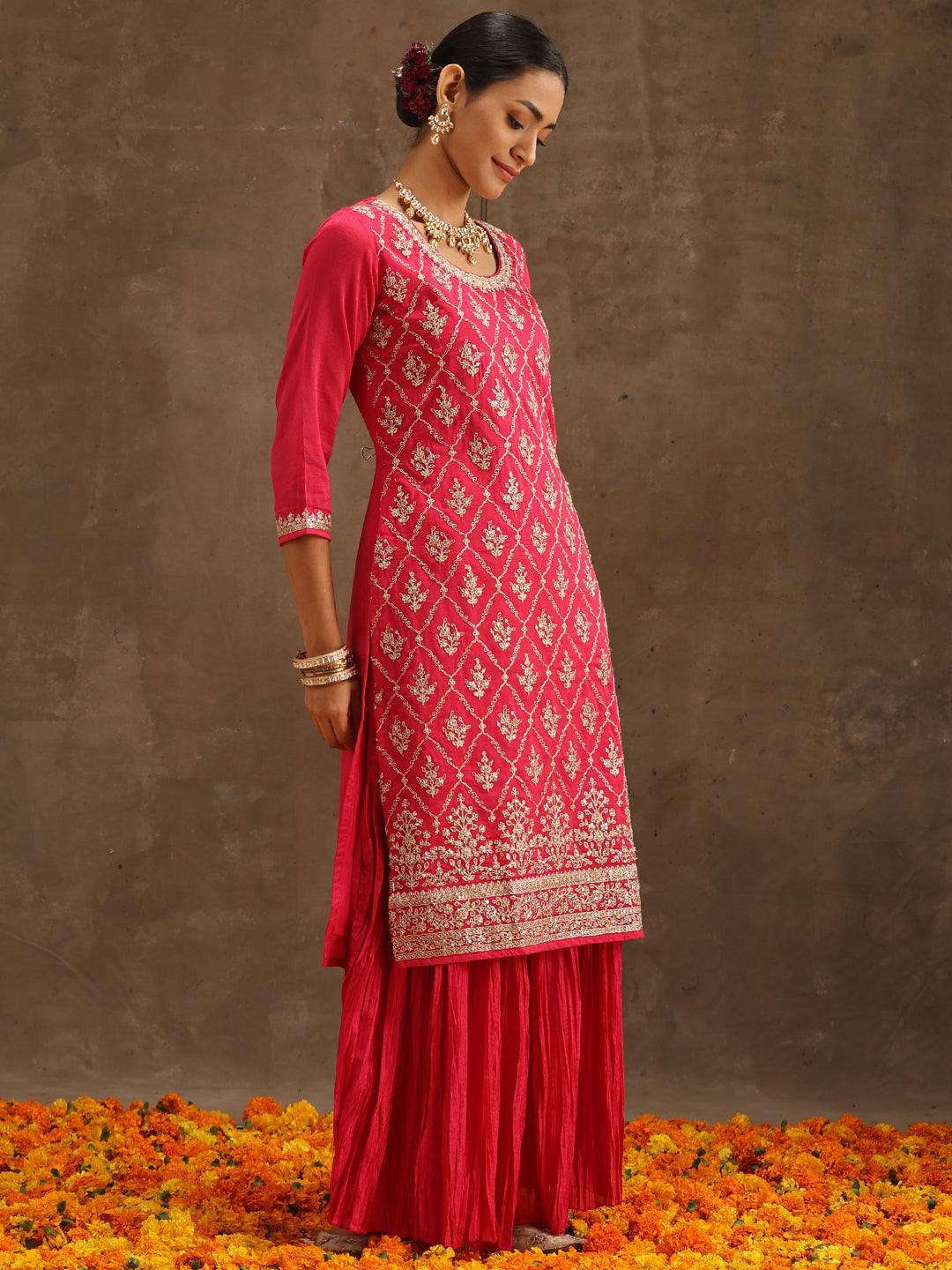 Pink Embroidered Silk Blend Straight Suit Set With Sharara - Libas