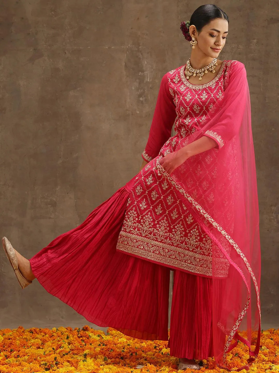 Pink Embroidered Silk Blend Straight Suit Set With Sharara - Libas