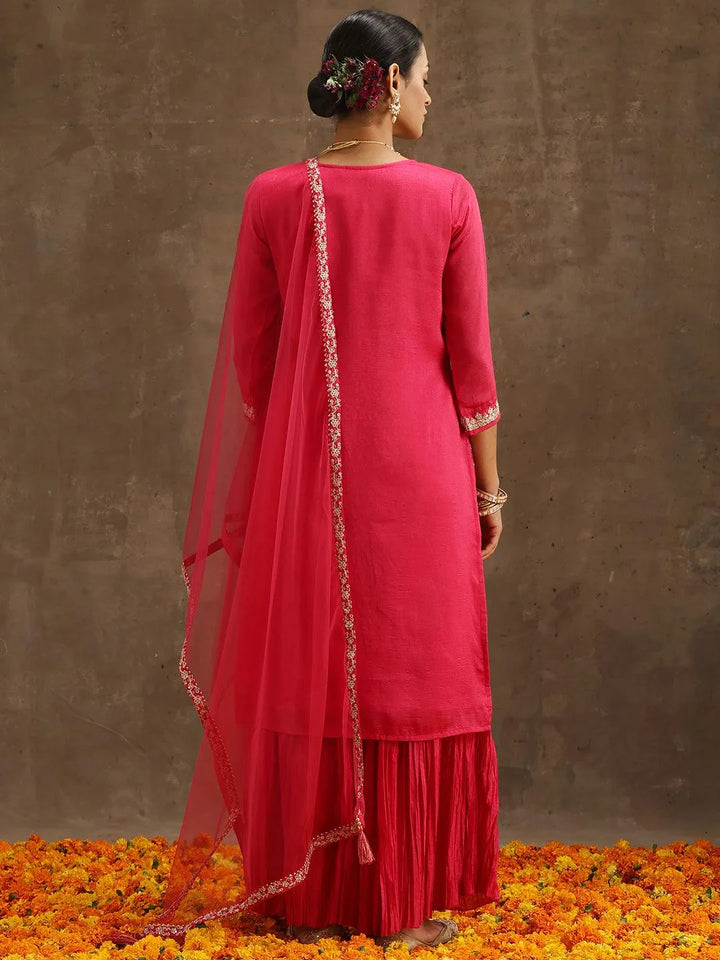 Pink Embroidered Silk Blend Straight Suit Set With Sharara - Libas