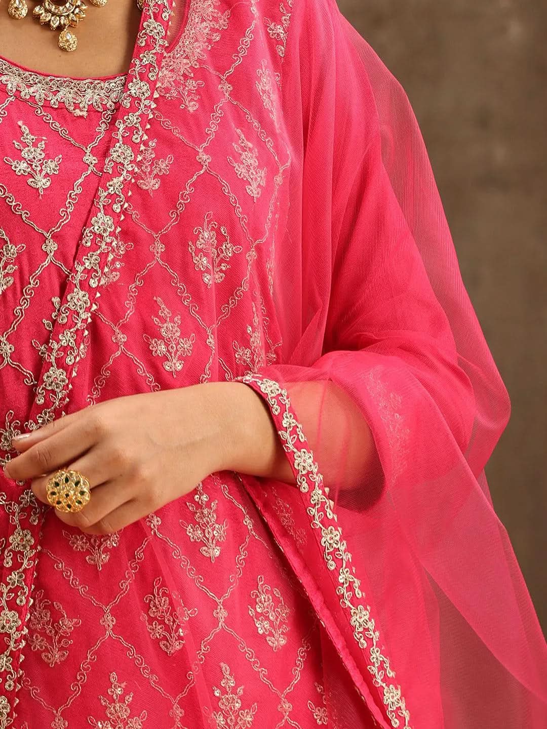 

Pink Embroidered Silk Blend Straight Sharara Suit Set With Dupatta