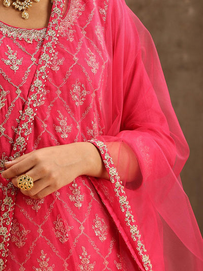 Pink Embroidered Silk Blend Straight Suit Set With Sharara - Libas