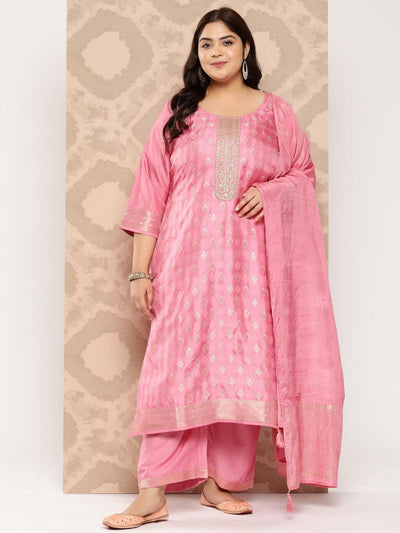 Pink Embroidered Silk Blend Straight Kurta With Trousers and Dupatta - Libas