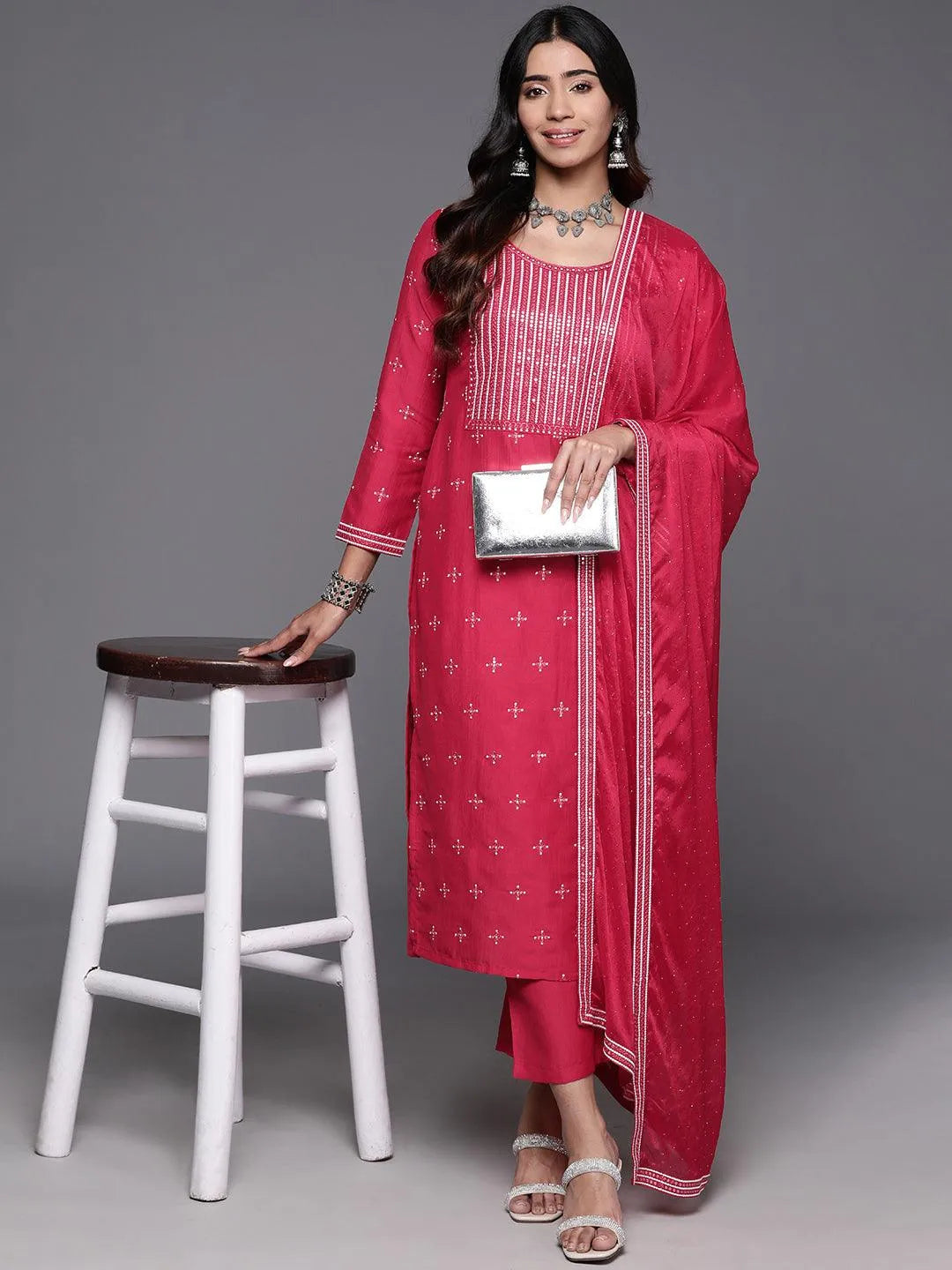 libas Pink Embroidered Silk Blend Straight Suit With Dupatta-picture-10