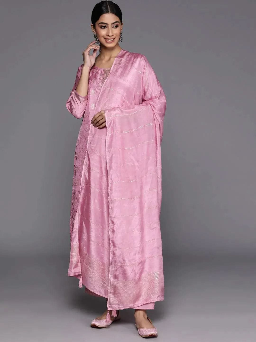 libas Pink Embroidered Silk Blend Straight Kurta With Trousers & Dupatta-picture-56