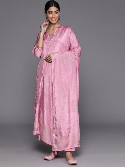 Pink Embroidered Silk Blend Suit Set With Trousers - Libas