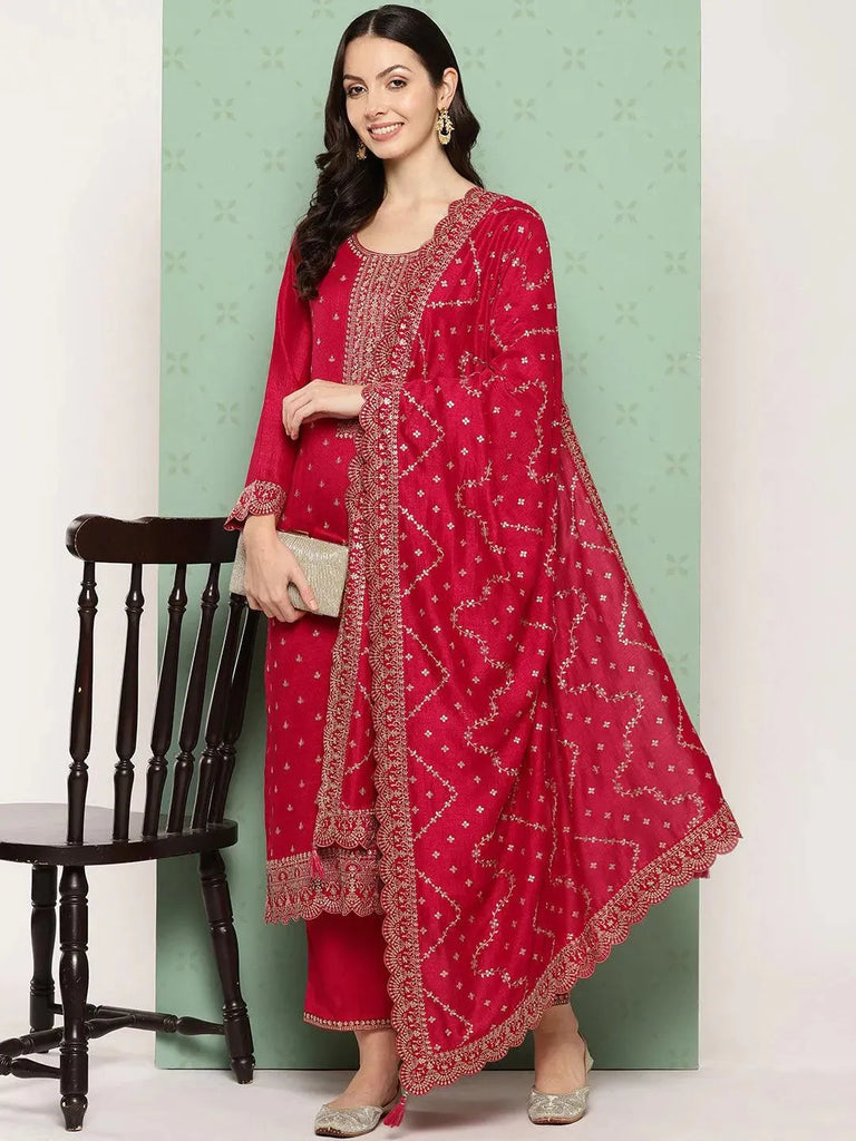 Libas Pink Embroidered Silk Blend Straight Suit With Dupatta