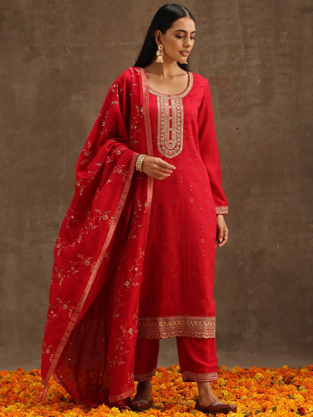 Pink Embroidered Silk Blend Straight Kurta With Trousers & Dupatta