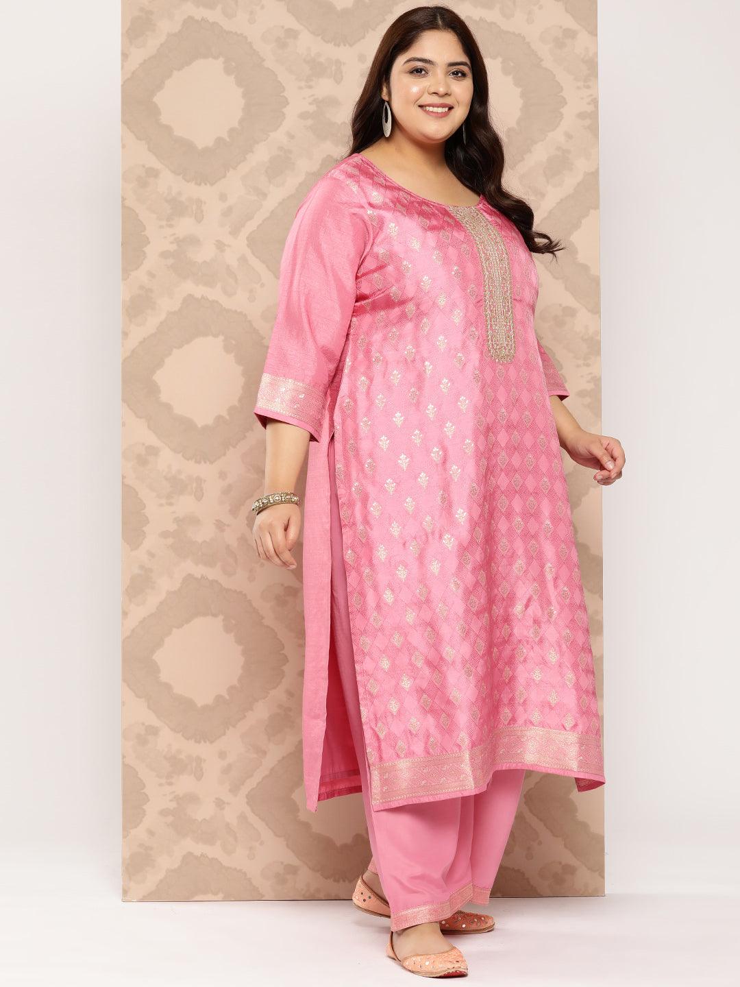 Pink Embroidered Silk Blend Straight Kurta With Trousers and Dupatta - Libas